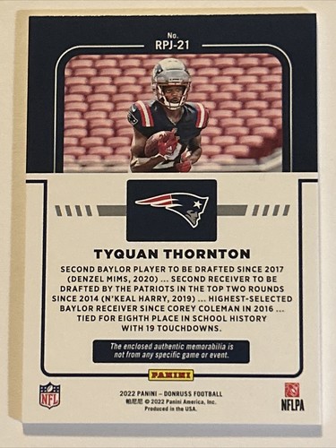 Tyquan Thornton 2022 Donruss Rookie Phenom Memorabilia #RPJ-21 NM/MT - Picture 2 of 3