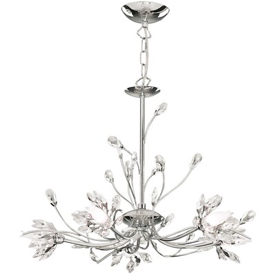 Kristall-Kronleuchter mit 5 Lichtern verchromt und Glasschirm mit Blumenknospe