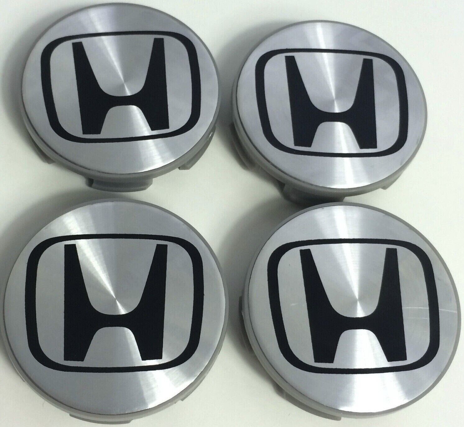4 Brushed Aluminum Wheel Center Caps Black 58mm Rim Emblems Logo for