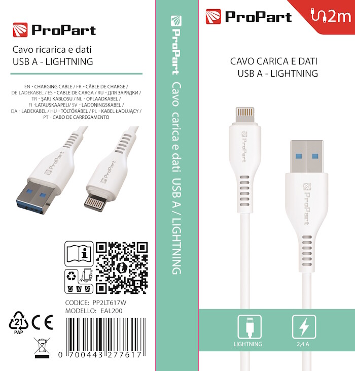 Cavi Connettività Cavo Lightning Apple 5V 2.4A 2mt Carica e dati Bianco