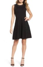 ELIZA J Black Sheer Lace Stretch Knit Flare Skater Sweater Cocktail Dress M = 8