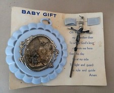 SWEET BLUE PLASTIC BAPTISMAL OR BABY GIFT GUARDIAN ANGEL PLAQUE W/METAL CRUCIFIX