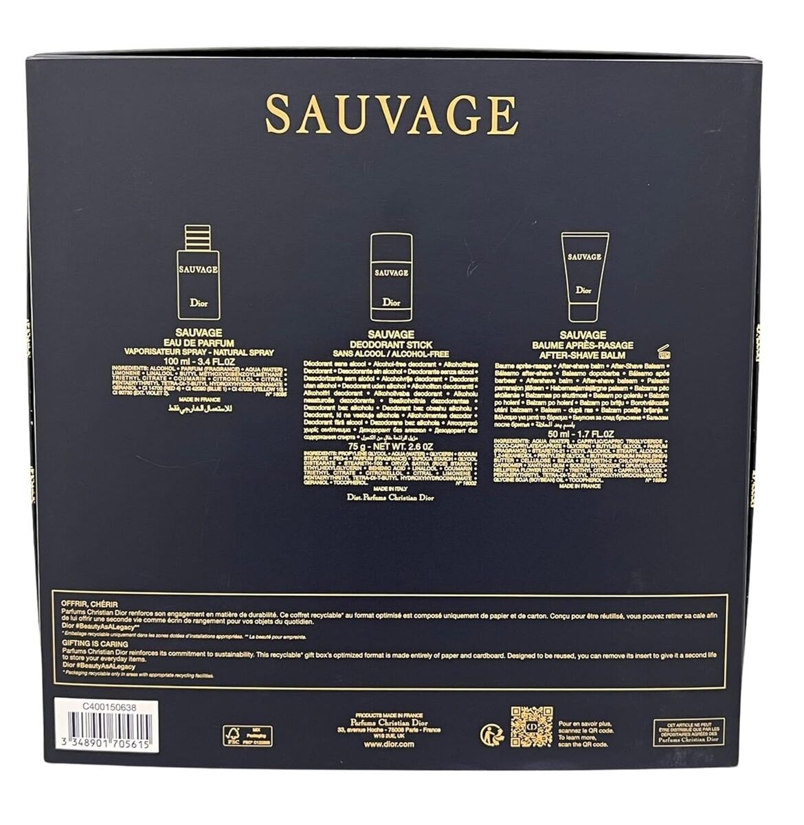 Christian Dior Sauvage For Men EDP 3-Piece Gift Set 3.4EDP Christian Dior Sauvage For Men EDP 3-Piece Gift Set 3.4EDP