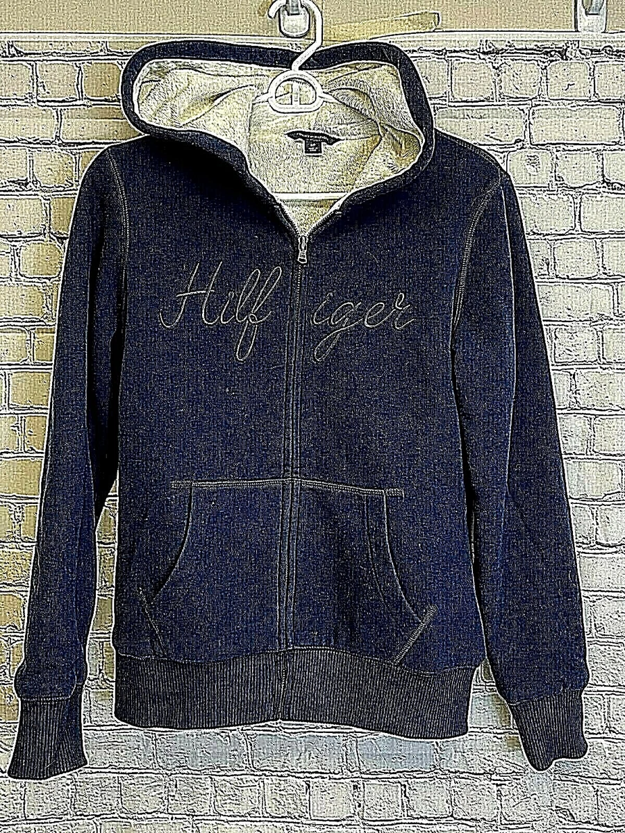 Ladies Tommy Hilfiger Fur Lined Jacket Hoodie Blue Embroidered Script Logo  S | eBay
