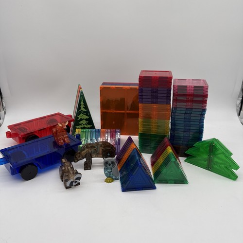 Lot Of 145 Mixed Picasso Magnetic Building Tiles w/ Animals & Carts Multi-Color