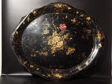 ANTICO AUTENTICO SECOLO XIX VASSOIO GUANTIERA OVALE METALLO DIPINTO CON FIORI