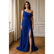 Mac Duggal Royal Blue Beaded Gown 16W  Pleated Bodice  Front Slit Evening Dress