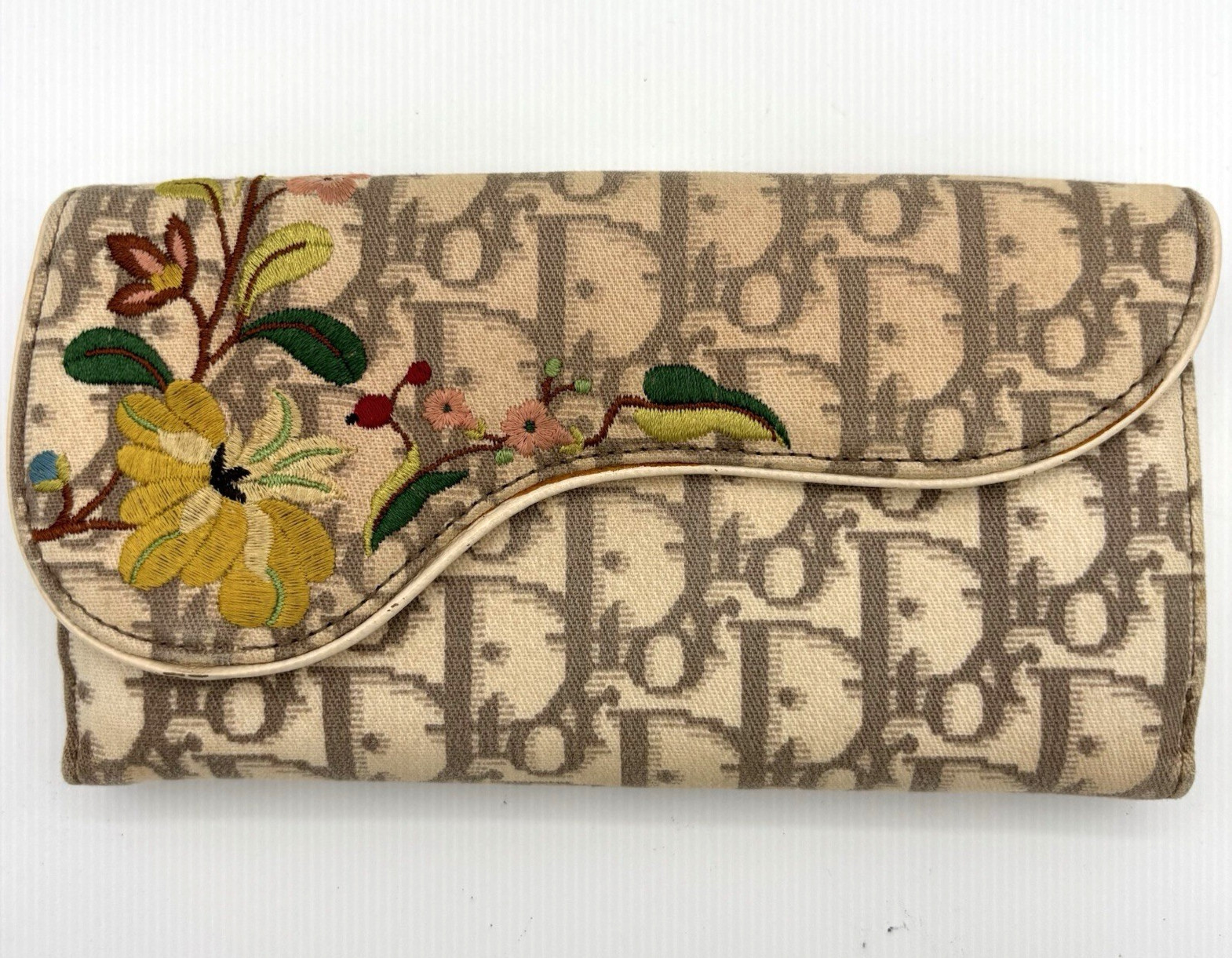 Christian Dior Trotter Saddle Long Wallet Floral Embroidery Vintage Authentic