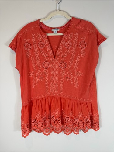 Sundance Coral Embroidered Split-Neck Peplum Tunic Size XS