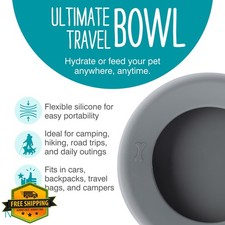 Messy Mutts Silicone Non-Spill Dog Cat Travel Bowl 5.25 Cups Grey