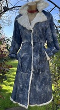 Alegre Donna VTG rabbit fur midi  soft suede leather coat indigo denim dye M 