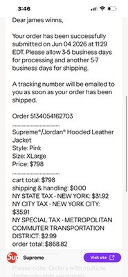 Supreme x Jordan Men s Hooded Zip Lined Leather Bomber Jacket Pink/Red XL
