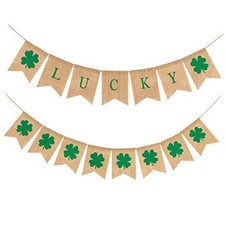 2 Pack St. Patrick's Day Decorations Shamrock Burlap Banner, Burlap Banner for