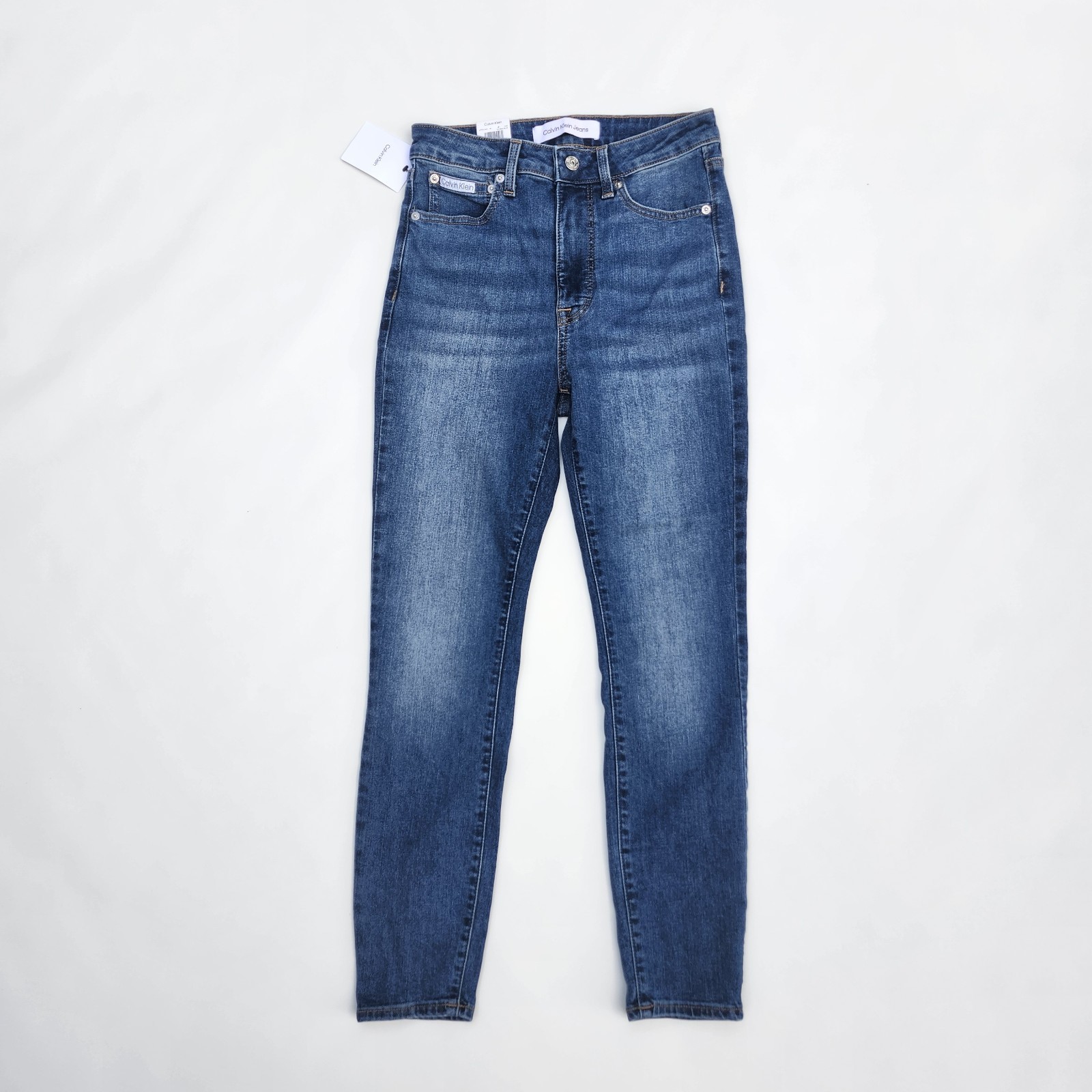 Pantalones de mezclilla Calvin Klein altos desperdiciados azul tormenta ajustados elásticos 6/28 pequeños