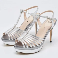 NEW FENDI Silver Metallic T-strap Platform Sandals Size 38 Read Desc