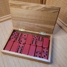 Vintage Wooden Dominoes Set with Engraved Scorpion Wood Box - Red Dominoes