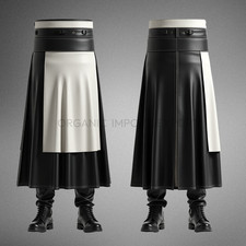 Men  s Black  White Long Leather Kilt   Gothic Warrior Pleated Utility Skirt