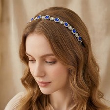 Royal Blue Crystal Halo Headband for Women, Gold-Tone Rhinestone Jeweled Hair