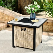 30 Inch Fire Pit Table,50,000 BTU Heater PE Rattan Propane with Ceramic Tabletop