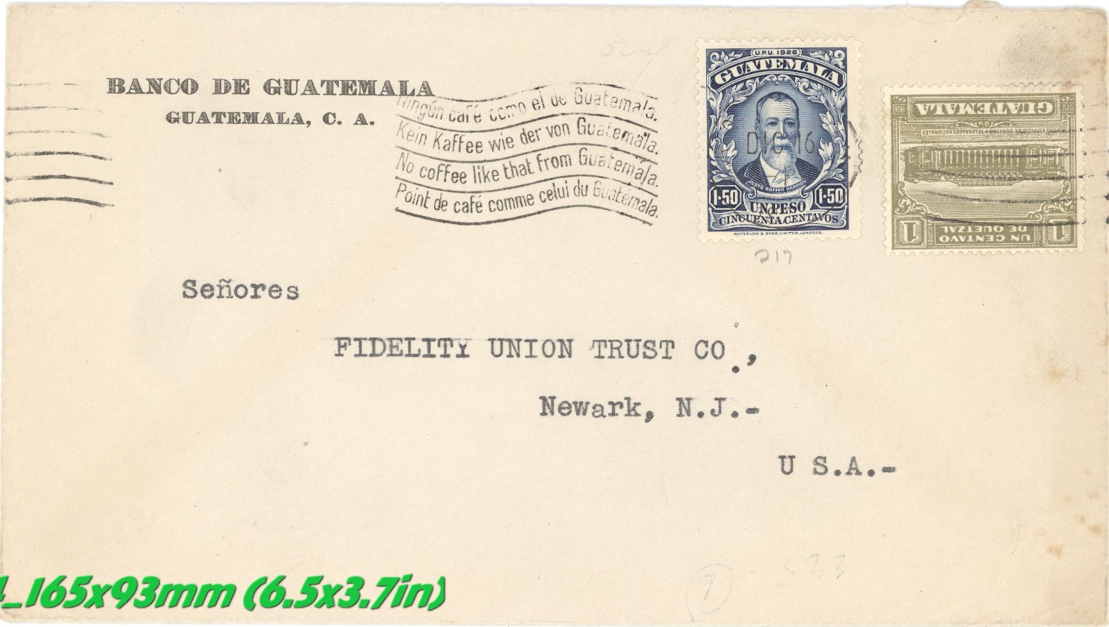 1920 Guatemala Cubierta Banco de Guatemala a EE. UU. Scott #RA2 y #224 Eslogan Café