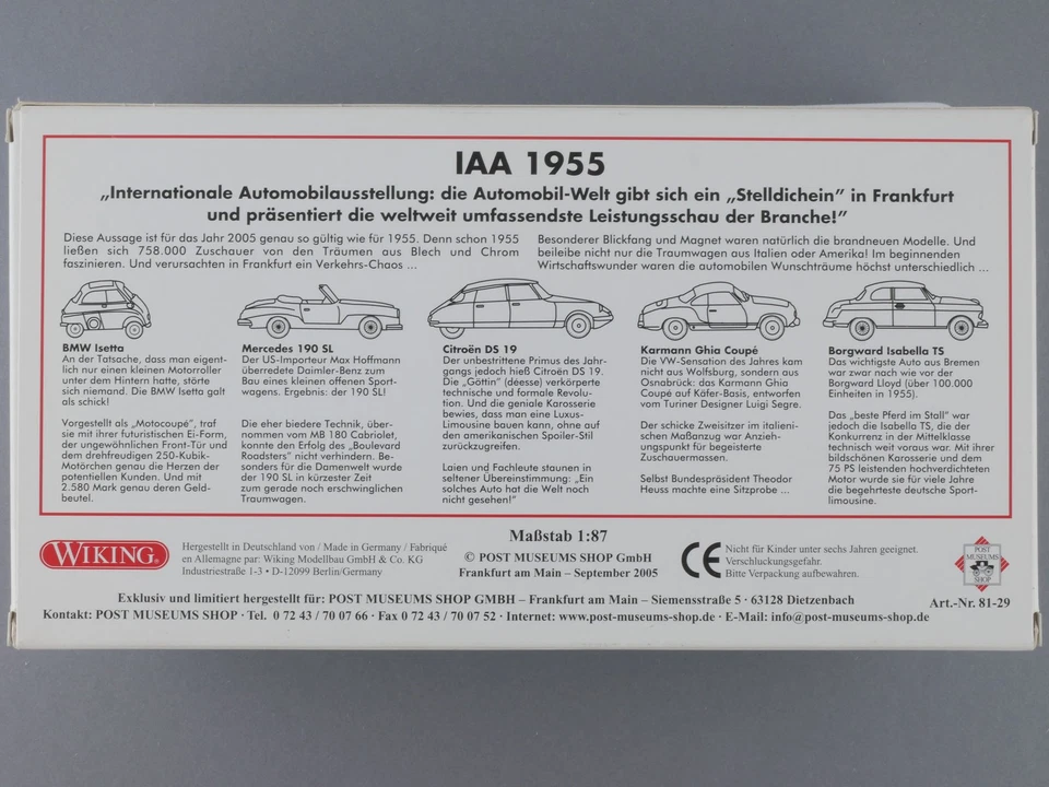 Wiking 81-29 PMS IAA 1955 Automobil Fahrzeuge Post 1:87 wie NEU! OVP SG BL 1705- - Bild 4 von 4