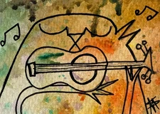 Original ACEO Cat Painting Collectible Music Guitar Modern Art Samantha McLean