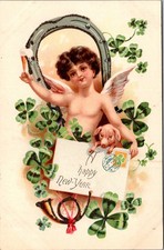Postcard New Year Angel Cherub Horseshoe Clover Pig Trumpet glitter