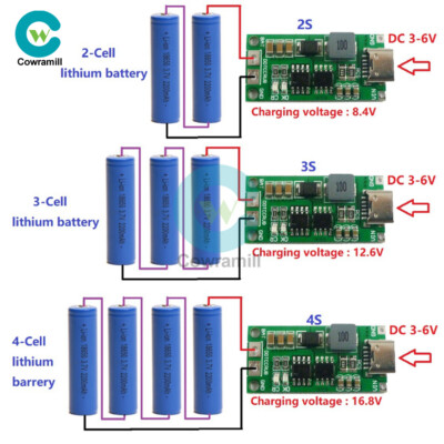 2S 3S 4S Type-C DC3-6V To 8.4V12.6V16.8V Step-Up Boost Module for Li-ion Battery