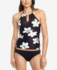 NWT Lauren Ralph Lauren Black Floral Halter Tankini Swimsuit Top 6 yse1223