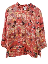 CITRON Button Down Blouse SMALL red Asian Design frog buttons collar womens