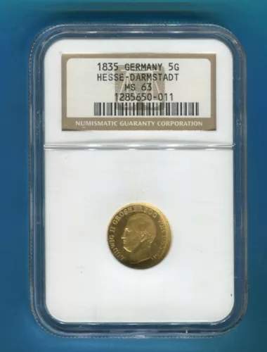GERMANY HESSE - DARMSTADT: rare gold coin 5 Gulden PRF 1835 Au MS-63 NGC