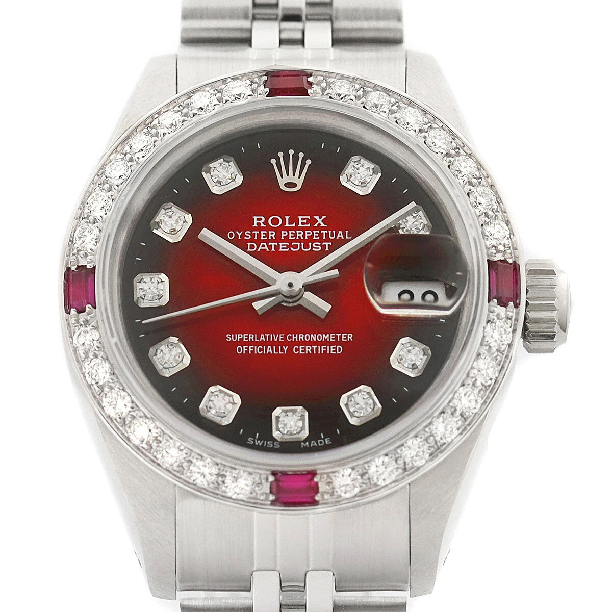 Rolex Datejust 18K Gold Steel Red Vignette Diamond Ruby Watch w Jubilee Band