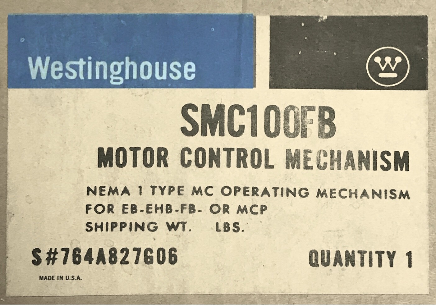 WESTINGHOUSE CUTLER HAMMER SMC100FB Type EB EHB FB MCP Motor Circuit Mech