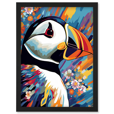 Puffin and Flowers Vibrant Colour Psychedelic Sea Bird Framed Wall Art Print A4