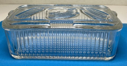 Vintage Federal Glass Ribbed Clear Refrigerator Box Embossed Vegetables on Lid