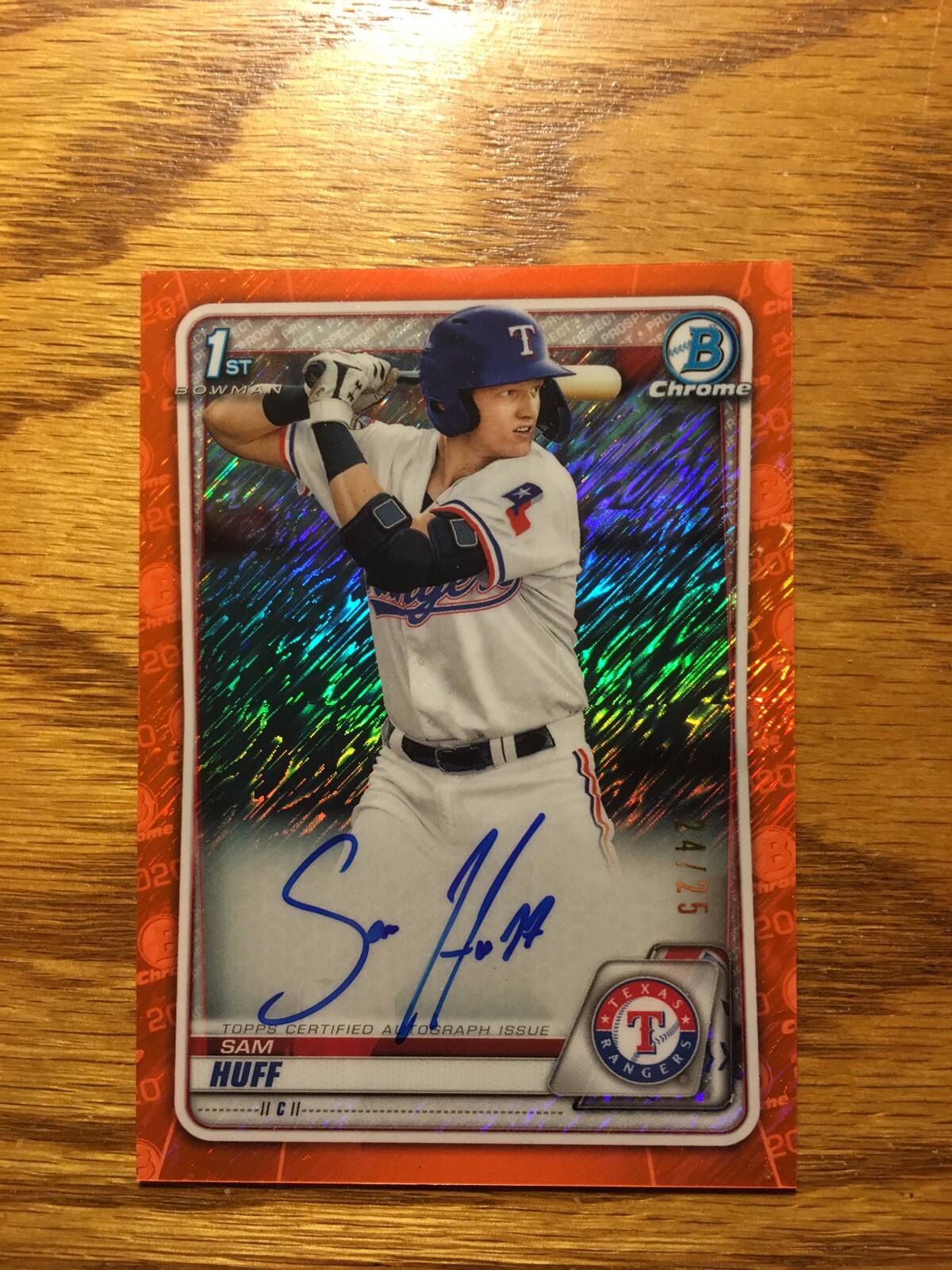 2020 Bowman Chrome Sam Huff Ranger RC Orange Shimmer Refractor Auto #/25
