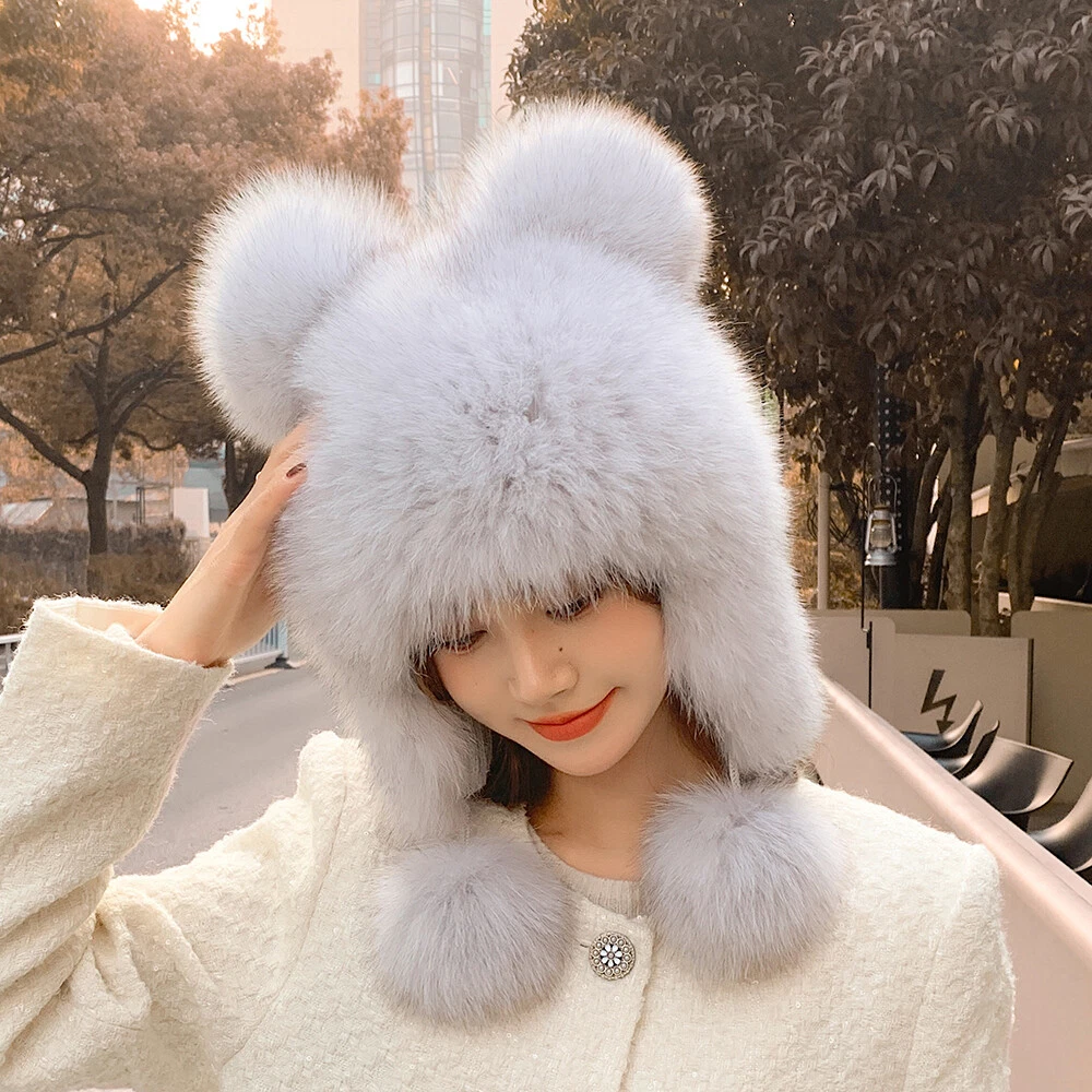Women s Cute Real Fox Fur Hat Russian Hat Stretch Warm Outdoor Ski