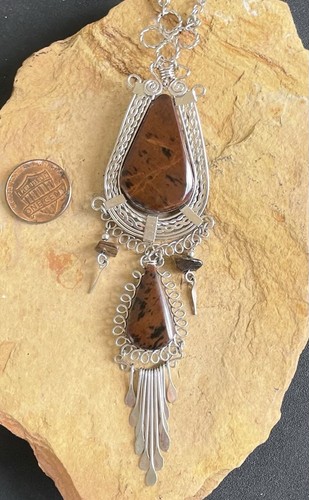 Peruvian Mahogany Obsidian Semi-precious Stone Medallion Necklace Alpaca Silver - Picture 10 of 10