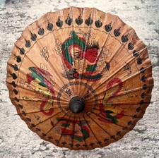 Vintage Wooden Bamboo Asian Oriental Chinese Umbrella Dragons