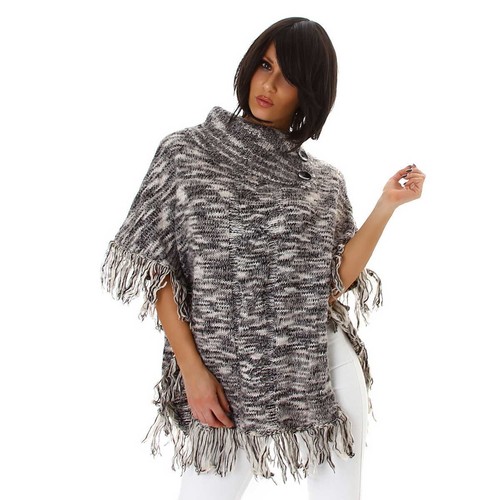 Damen Poncho Pullover warm flauschig weich Fransen Rollkragen Knöpfe 36 38 40 - Bild 15 von 22
