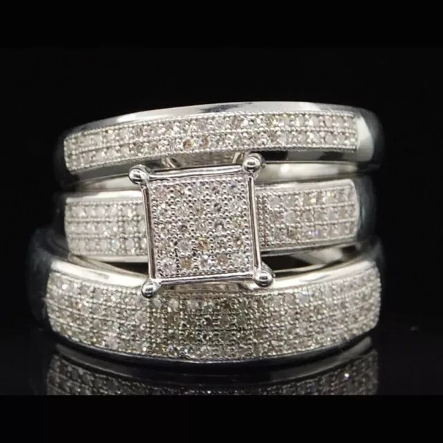 Round Moissanite Pave Trio Set Engagement Ring 14k White