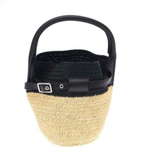 CELINE Classic Pannier Straw Leather Bucket Bag Black Beige Women's Pre-owned Fr