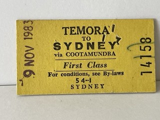 SRA NSW First Class Ticket Temora to Sydney via Cootamundra 1983