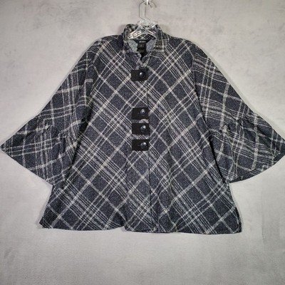 Ali Miles Jacket Womens XL Gray Plaid 3/4 Bell Sleeve Button Dark Academia Prep