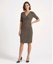 Lauren Ralph Lauren Geometric Link Print Faux Wrap Ruched Dress Black Cream Sz 6
