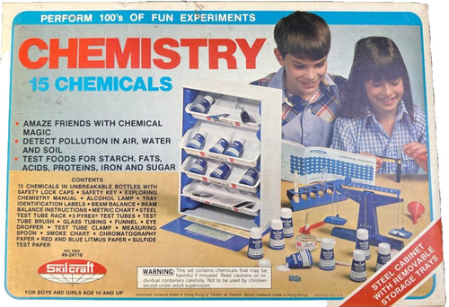 Vintage 1977 Skilcraft Chemistry Set 15 Chemicals Lab Kit w/ Cabinet