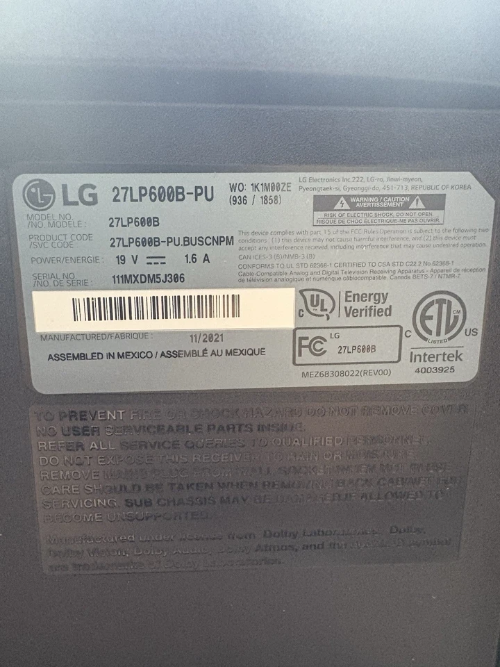 LG 27" Inch Full HD 1080p IPS TV Computer Monitor Dolby Audio 27LP600B-P - Image 3 of 4