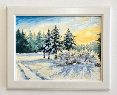 Original Impasto Oil Painting Snowy Forest Sunset 30x40 cm Textured Landscape