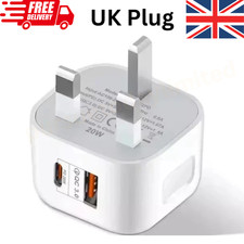 Fast Charging Dual Port Plug 20W - Type C & USB A Charger Adapter for UK Devices
