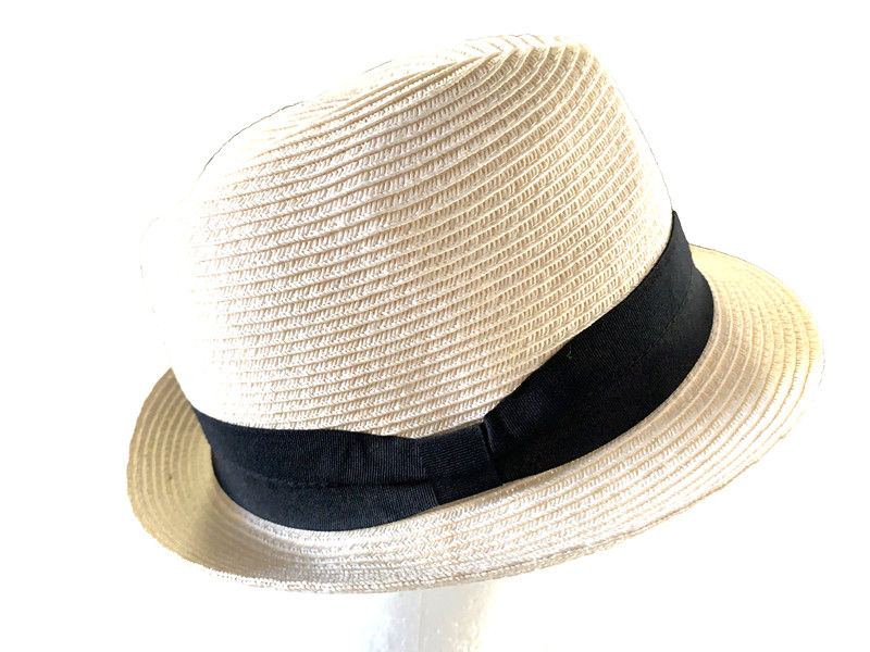 Men's Ivory Straw Traveler Hat Woven Black Ribbon Band Fedora One Size